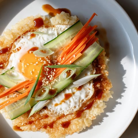 Golden, crispy egg rice bowl with a perfectly fried egg, vegetables, and savory sauce.