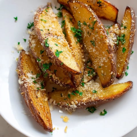 Golden, crispy Rosemary Parmesan Potato Wedges, oven-baked to perfection for a flavorful side.