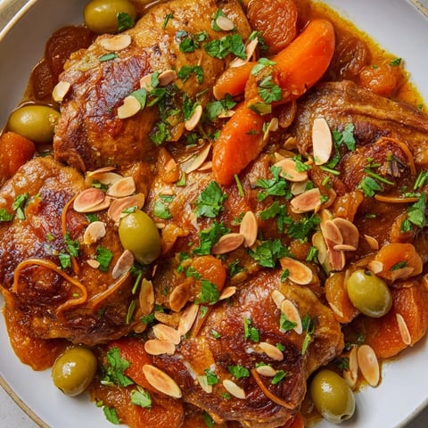 Golden-brown Moroccan Tagine Chicken with apricots, olives, and a rich, spiced tomato sauce simmering.