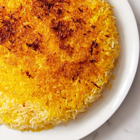 Golden, crispy Persian Tahdig rice with caramelized crust ready to serve with fragrant steamed rice.