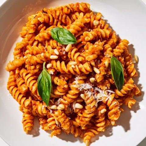 Sun-Dried Tomato Pesto Pasta served in a white bowl, garnished with fresh basil and grated Parmesan, ready to eat.