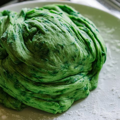 Vibrant green spinach pasta dough, ready for rolling, showcasing its rich, homemade texture and fresh color for Italian recipes.
