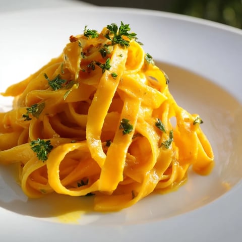 A close-up of creamy butternut squash pasta in a skillet, garnished with fresh parsley and sage.