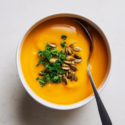 A warm bowl of creamy Butternut Squash and Apple Soup, garnished with toasted pumpkin seeds and fresh parsley for a comforting autumn meal.