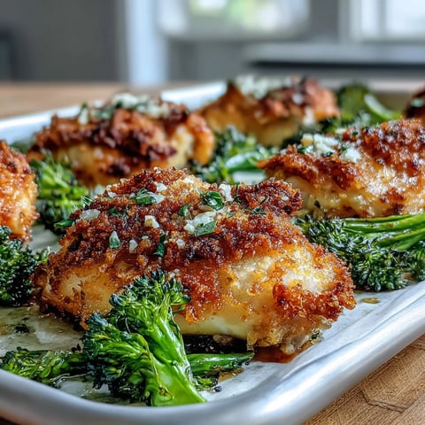 Golden-brown Crispy Parmesan Broccoli & Chicken Trays fresh from the oven with bubbling cheese and roasted green florets.