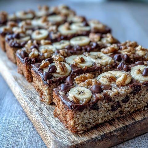 Golden-baked Chunky Monkey Protein Baked Oat Bars, studded with walnuts and chocolate chips on a rustic wooden board.
