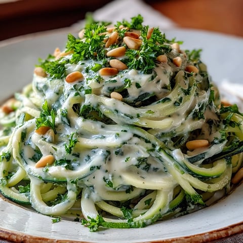 Creamy cashew Alfredo sauce clings to tender zucchini noodles in this vegan dinner, garnished with fresh parsley and toasted pine nuts.