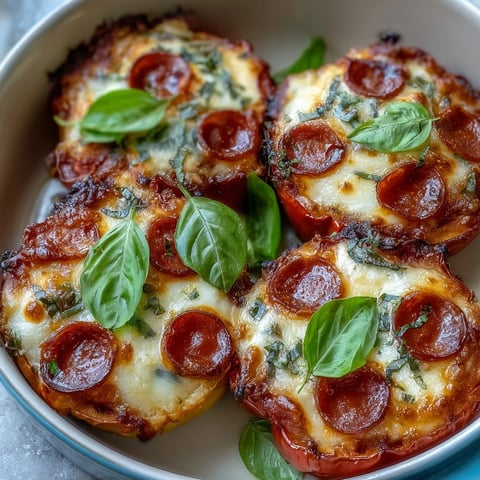 Keto Pizza Stuffed Peppers with Mozzarella and Pepperoni: golden-baked bell peppers filled with zesty marinara, gooey cheese, and savory pepperoni slices.