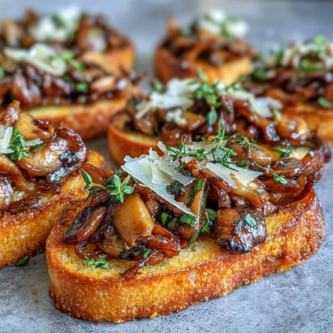 Wild mushroom and garlic crostini with Parmesan and thyme on a rustic wooden board.  