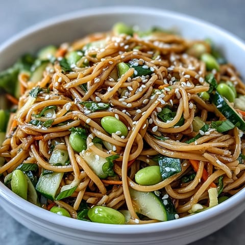 Sesame Ginger Noodle Bowl with vibrant vegetables and creamy dressing, garnished with toasted sesame seeds and green onions for a fresh, satisfying meal.