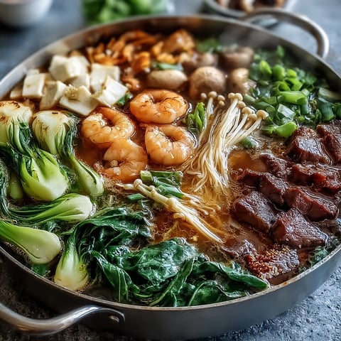 Asian Hot Pot Interactive: A steaming pot of broth surrounded by fresh vegetables, proteins, and noodles for a communal dining experience.  