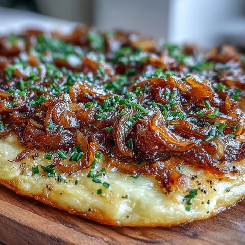 Silky caramelized onions blended into creamy butter on a rustic serving board, garnished with fresh herbs and flaky sea salt.