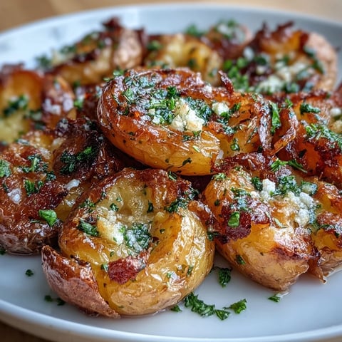 Golden smashed baby potatoes roasted until crispy and drizzled with fragrant garlic-infused olive oil.  