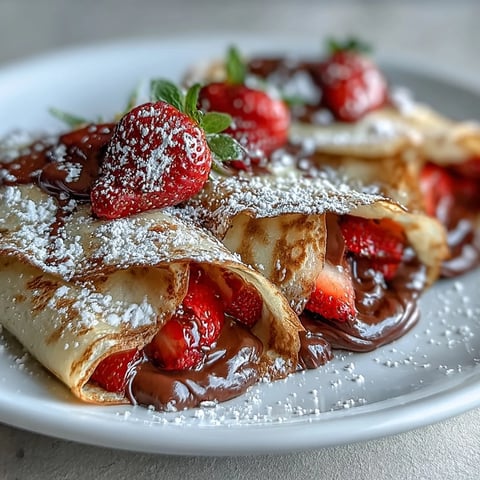 Beautiful strawberry crêpes filled with Nutella, perfect for a Galentine's brunch celebration with friends.