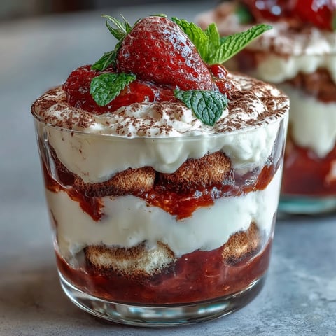 Decadent Valentine's Day strawberry tiramisu cups with layers of mascarpone cream, coffee-soaked ladyfingers, and fresh strawberries.