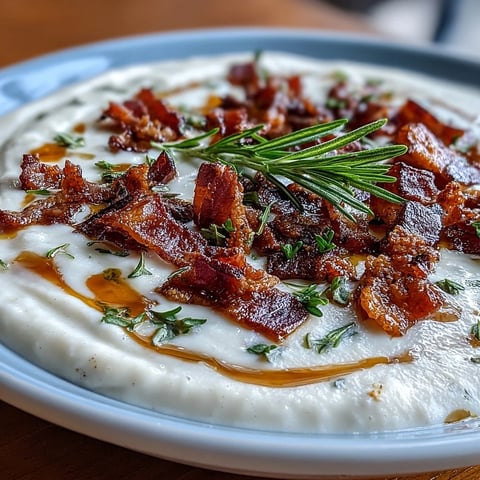 A creamy white bean soup with crispy bacon and aromatic rosemary, served steaming in a rustic bowl.