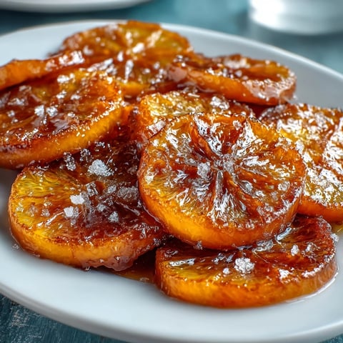 Glistening candied orange segments in golden syrup, ideal for elevating cakes, tarts, or ice cream desserts.