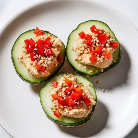 Quick Hummus and Cucumber Bites: cool cucumber rounds topped with creamy hummus, garnished with red pepper.
