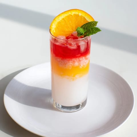 Refreshing Alpine Sunrise beverage, featuring a snow-white coconut layer and bright red finish, garnished.