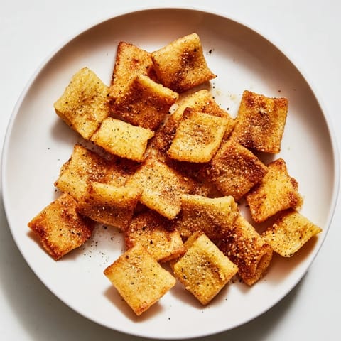 Tantalizing image of Air Fryer Pasta Croutons: seasoned, crunchy, and perfect as a unique, savory snack.