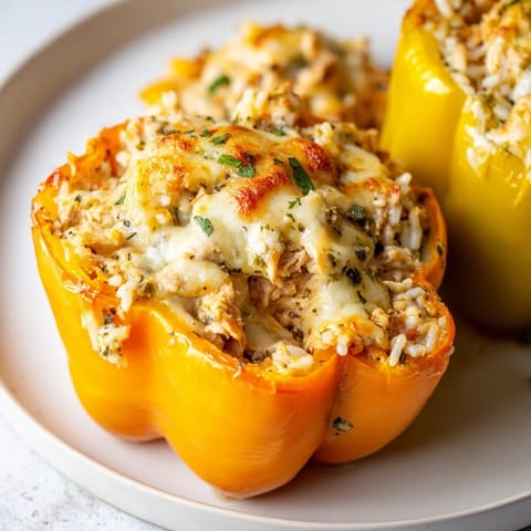 Savory Cheesy Chicken Stuffed Peppers with tender chicken and rice, ready to serve and enjoy at home.
