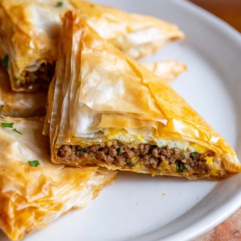 Perfectly fried Tunisian Brik, its savory meat-filled phyllo, ready to enjoy with a lemon wedge.
