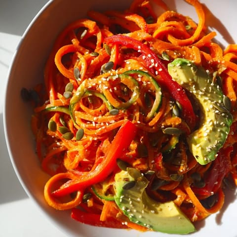 Heaped with crisp veggies and seeds, this Carrot Noodle Skincare Bowl offers a colorful, healthy lunch for two.