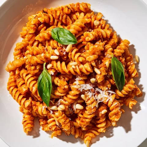 Sun-Dried Tomato Pesto Pasta served in a white bowl, garnished with fresh basil and grated Parmesan, ready to eat.