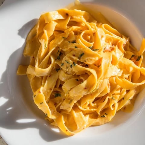 A rustic wooden bowl of butternut squash pasta with velvety roasted squash sauce and fresh herbs.