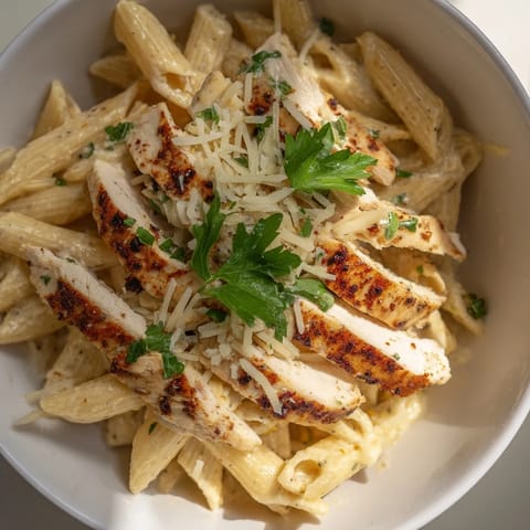 A close-up of Spicy Chicken Caesar Pasta shows fork-twirled penne, croutons, and grated parmesan in a hearty main dish.  