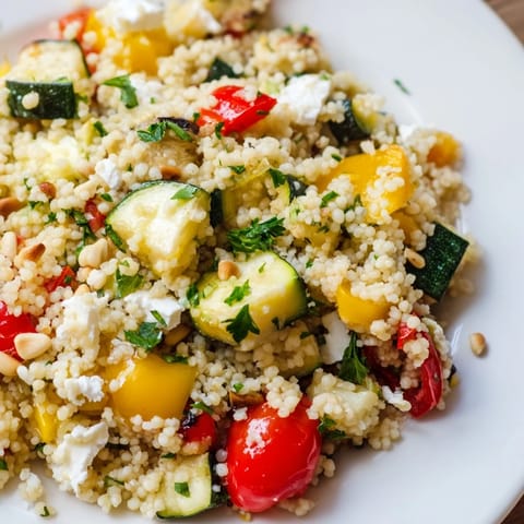 A warm Roasted Veggie Couscous Salad with roasted cherry tomatoes, crumbled feta, and toasted pine nuts ready to serve.