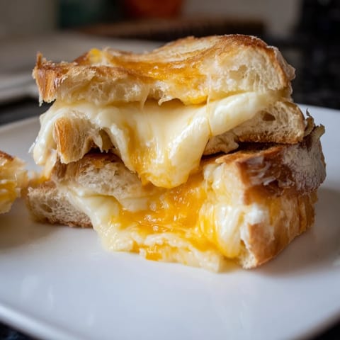 A golden Triple Cheese Sourdough Grilled Cheese sandwich cut diagonally, revealing layers of stretchy cheese on thick, buttery bread.