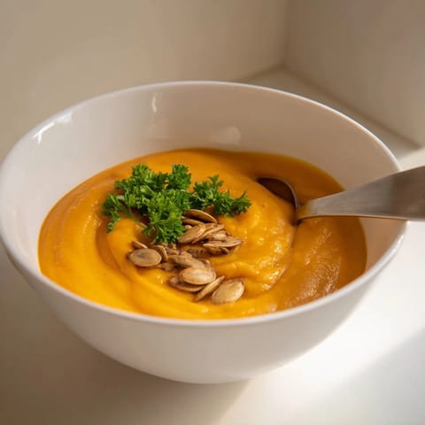 Spoonful of velvety Butternut Squash and Apple Soup being lifted, revealing its smooth, bright orange texture from the blended squash and apples.