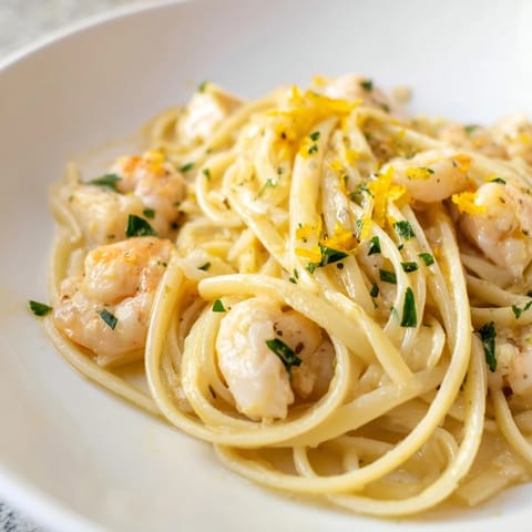 Savory Lemon Garlic Shrimp & Chicken Pasta with bright citrus zest, fresh parsley, and warm garlic aroma filling the skillet.