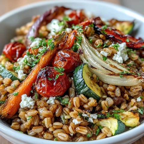 Farro with roasted vegetables served warm with fresh parsley, showcasing golden carrots and onions for a wholesome vegetarian dinner.