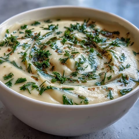 A creamy, steaming bowl of parsnip and herb soup topped with chopped dill and black pepper.