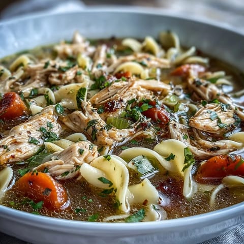 A hearty white bowl filled with Instant Pot Chicken Noodle Soup, garnished with fresh parsley and herbs.