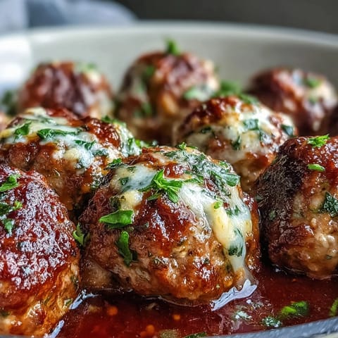 Golden-brown Cheesy, Garlicky Meatballs With Marinara on a plate, melted cheese oozing, ready to serve with gluten-free spaghetti.