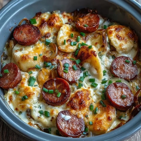 Creamy Crockpot Pierogi Casserole with Kielbasa garnished with fresh chives on a rustic wooden table.