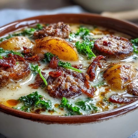 Savory Italian Sausage Soup simmering with bacon, potatoes, and kale, ready to serve with crusty bread.