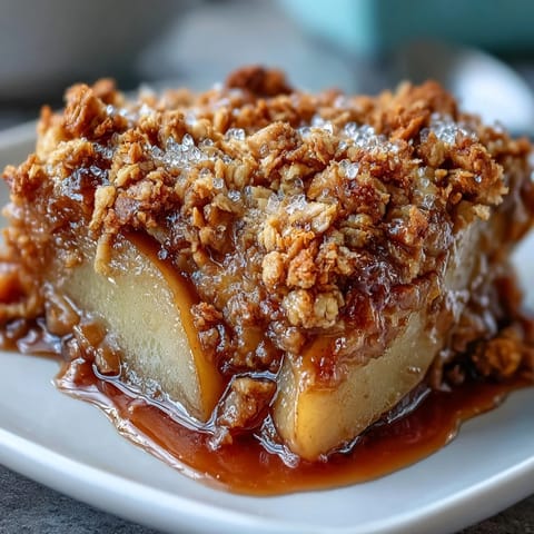 Golden pear crumble with tender fruit and crispy topping, fresh from the oven in a rustic baking dish.