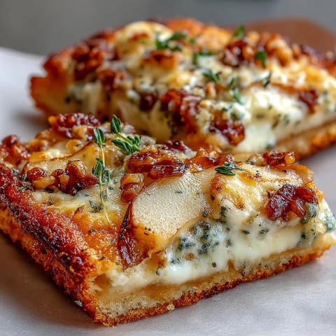 Close-up of a vegetarian Italian appetizer featuring crisp dough, crumbled blue cheese, and thyme garnish on a marble countertop.  