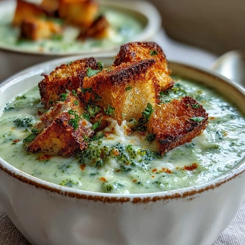 Homemade cauliflower and broccoli soup finished with crisp croutons, ready to enjoy on a chilly day.