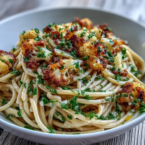 Cauliflower, Anchovy and Raisin Spaghetti served warm, garnished with fresh parsley and lemon zest.