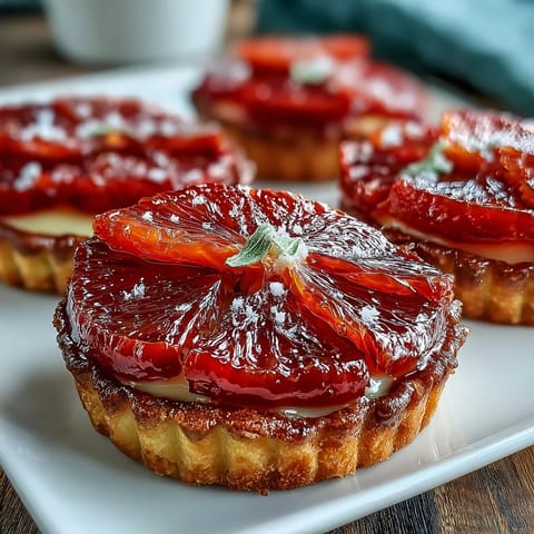 Six individual Blood Orange Tarts featuring crisp pastry shells and vibrant, tangy citrus slices, ready to serve at a dessert table.