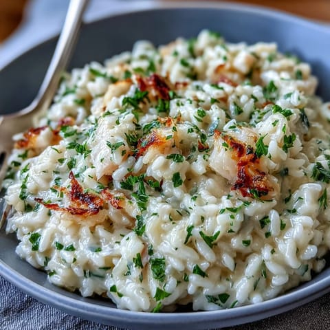 Warm Smoked Haddock Risotto served steaming in a skillet, featuring golden fish flakes and a sprinkle of lemon zest.