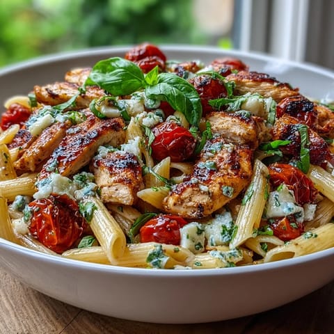 Bruschetta Chicken Pasta served in a warm bowl, garnished with fresh basil and a drizzle of balsamic glaze.