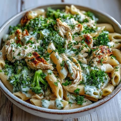 A close-up of High Protein Rotisserie Chicken Broccoli Pasta, showing tender broccoli and juicy chicken coated in a velvety sauce.