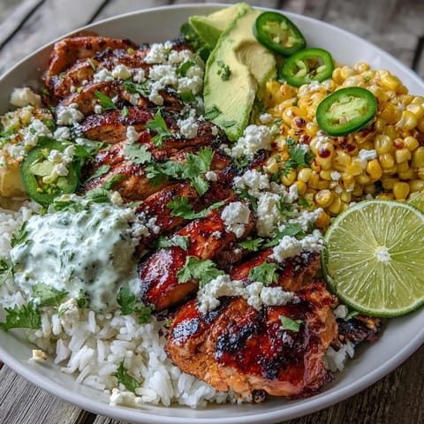Sliced chicken and smoky charred corn fill a bowl of fluffy rice for Street Corn Chicken and Rice Bowls finished with zesty crema and cotija.