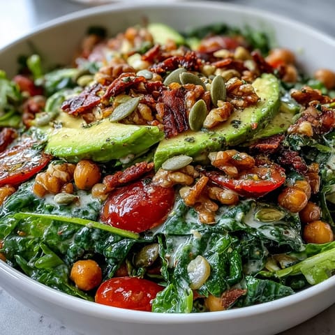 Colorful Mixed Greens Power Bowl topped with sliced avocado, pumpkin seeds, and a drizzled lemon vinaigrette.